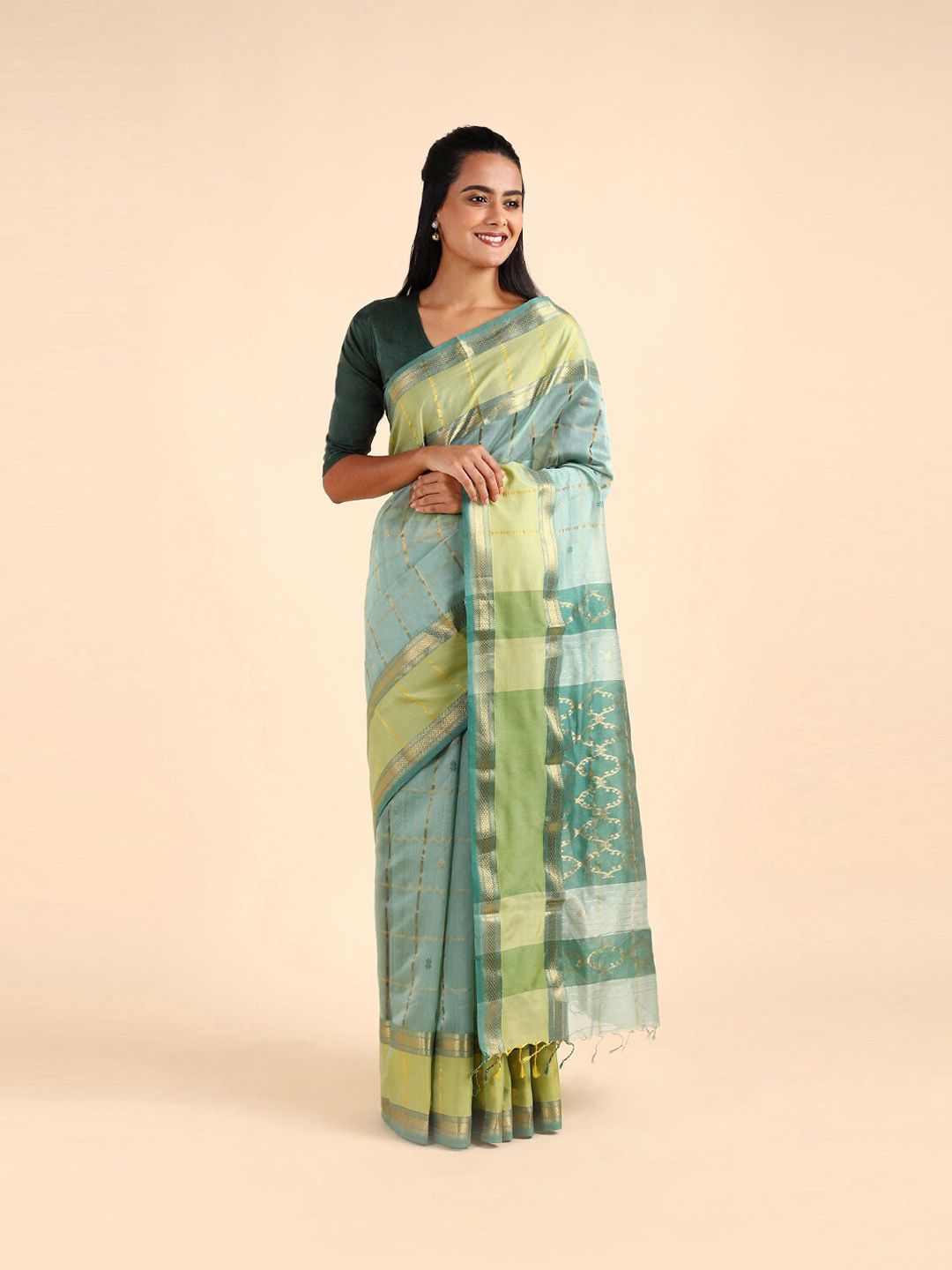 Taneira Green & Gold-Toned Woven Design Silk Cotton Maheshwari Saree Price in India