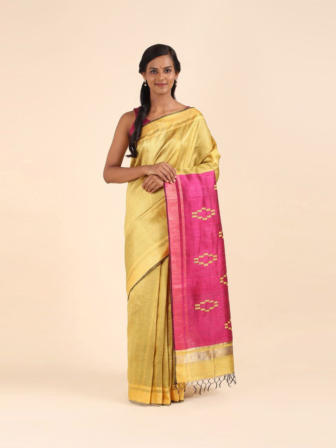 Taneira Yellow Woven Design Zari Pure Silk Bhagalpuri Saree Price in India