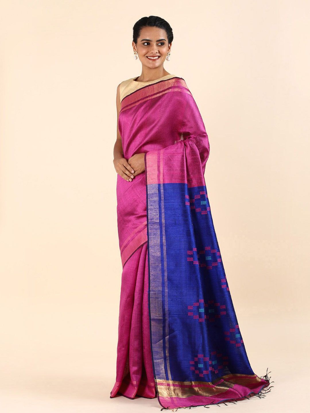 Taneira Pink & Navy Blue Zari Pure Silk Bhagalpuri Saree Price in India