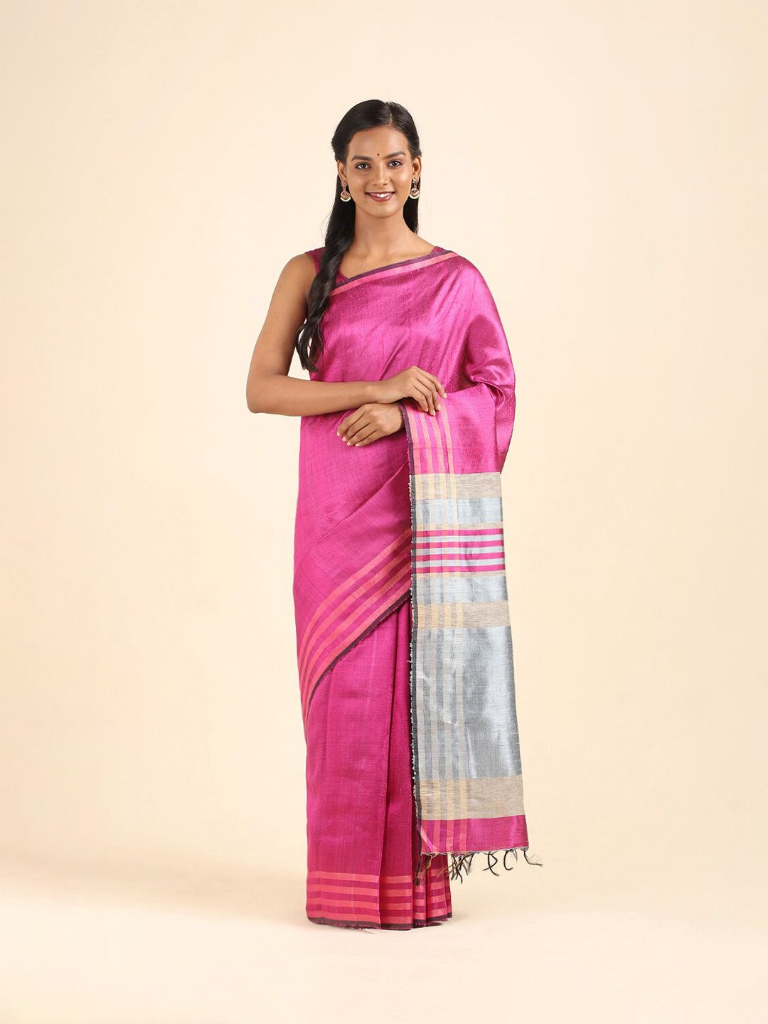 Taneira Pink & Off White Pure Silk Bhagalpuri Saree Price in India