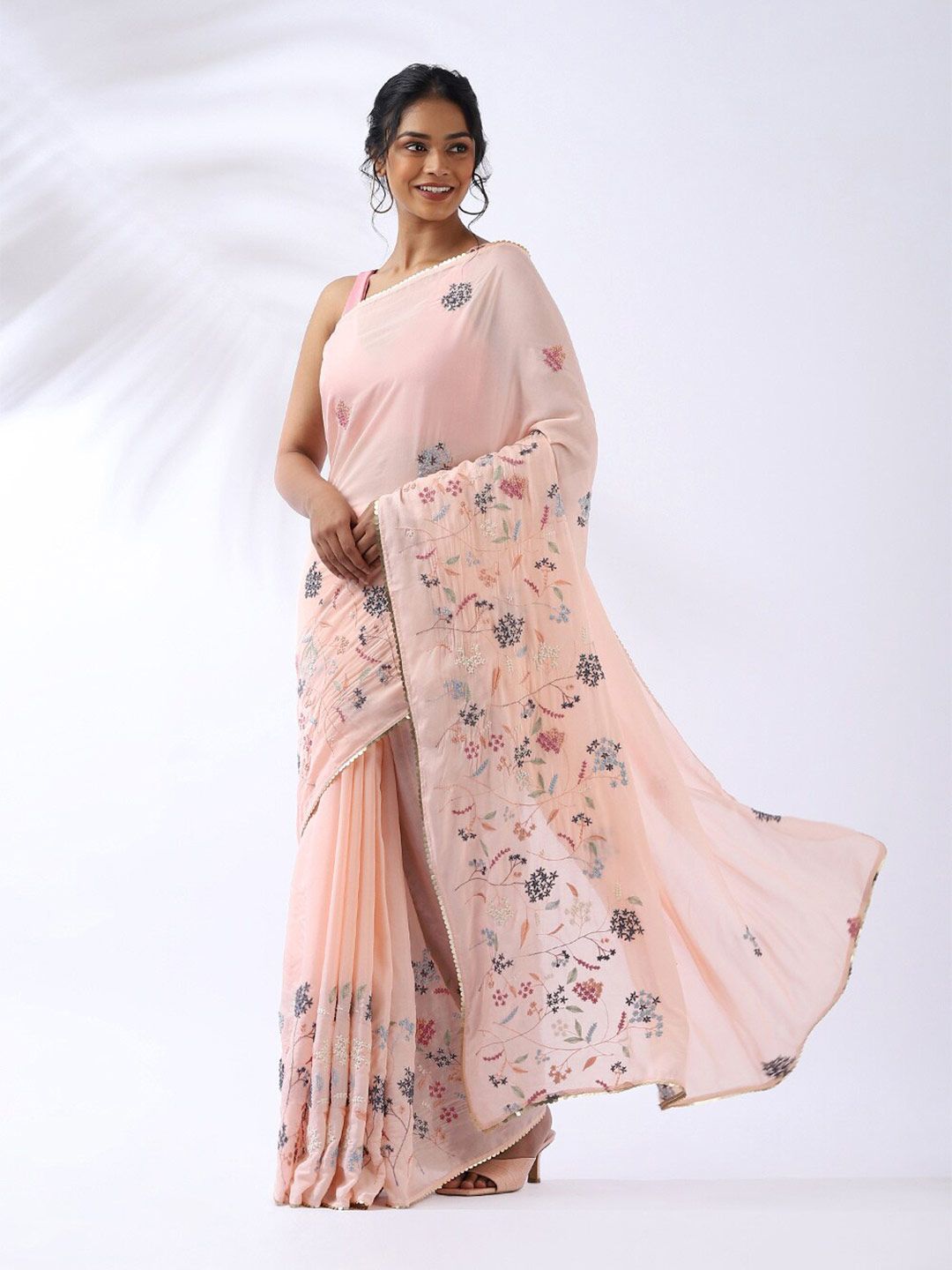 Taneira Pink & Grey Floral Embroidered Saree Price in India