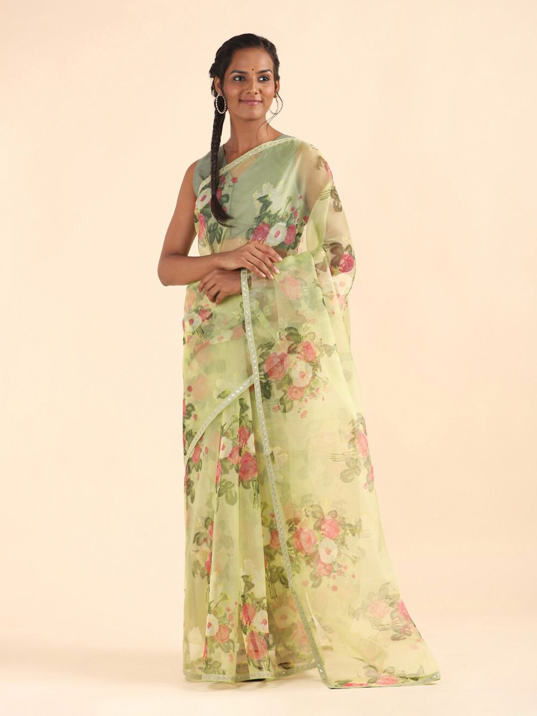 Taneira Green & Pink Floral Organza Saree Price in India