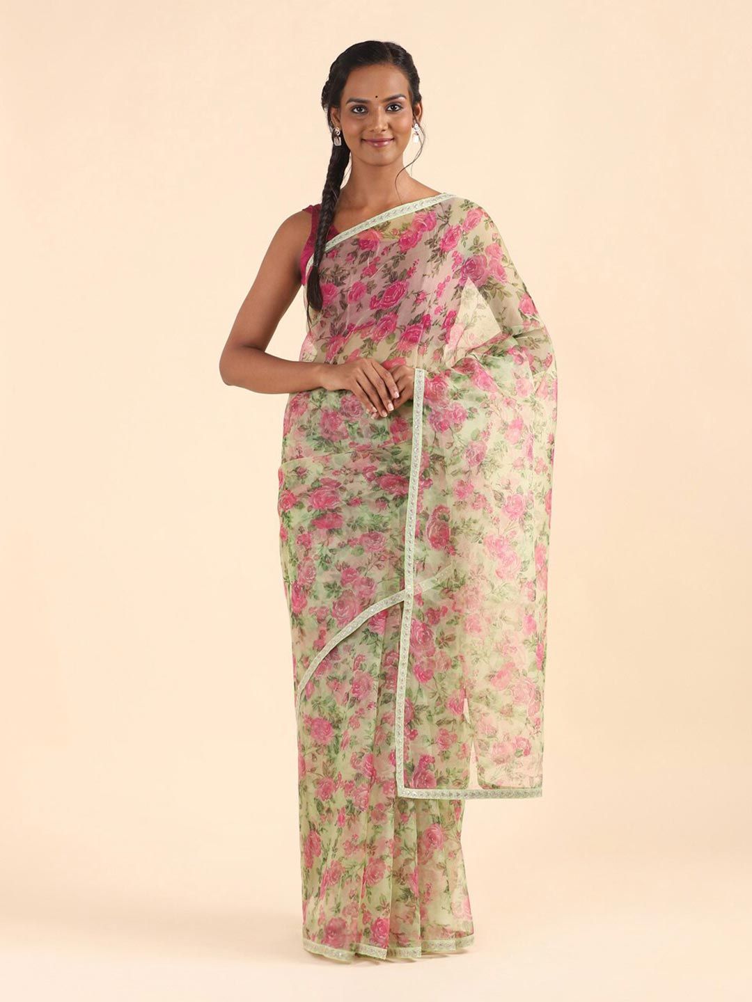 Taneira Green & Pink Floral Organza Saree Price in India