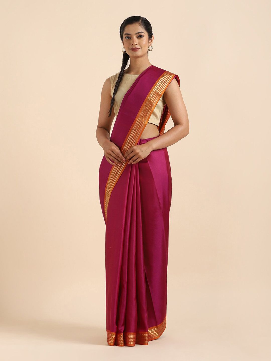 Taneira Purple & Orange Zari Pure Silk Saree Price in India