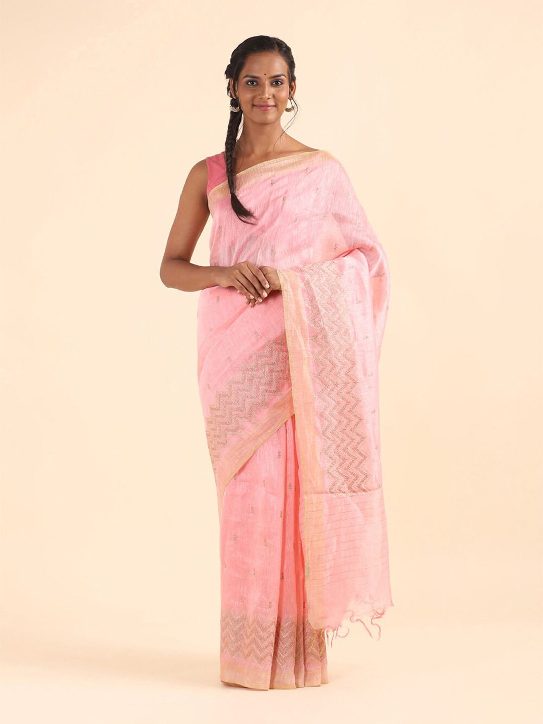 Taneira Pink & Gold-Toned Floral Embroidered Pure Linen Saree Price in India