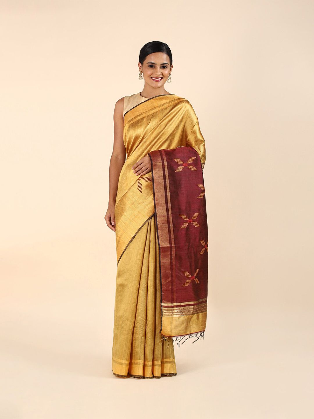 Taneira Yellow & Maroon Woven Design Zari Pure Silk Bhagalpuri Saree Price in India