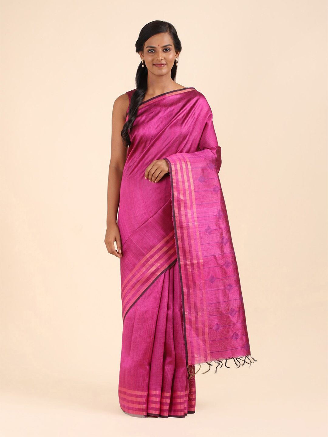 Taneira Pink Striped Pure Silk Bhagalpuri Saree Price in India