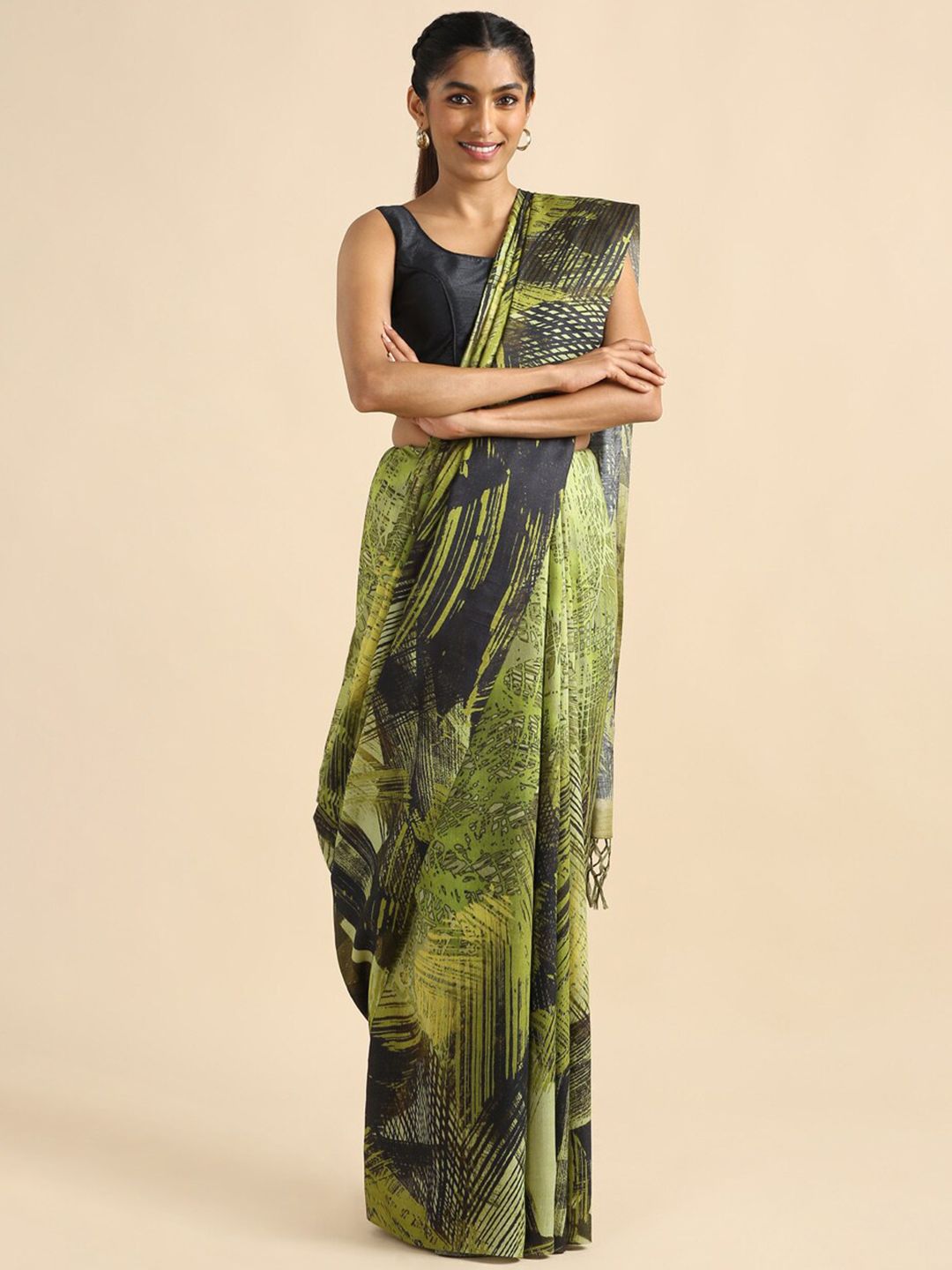 Taneira Green & Navy Blue Printed Pure Silk Tussar Saree Price in India