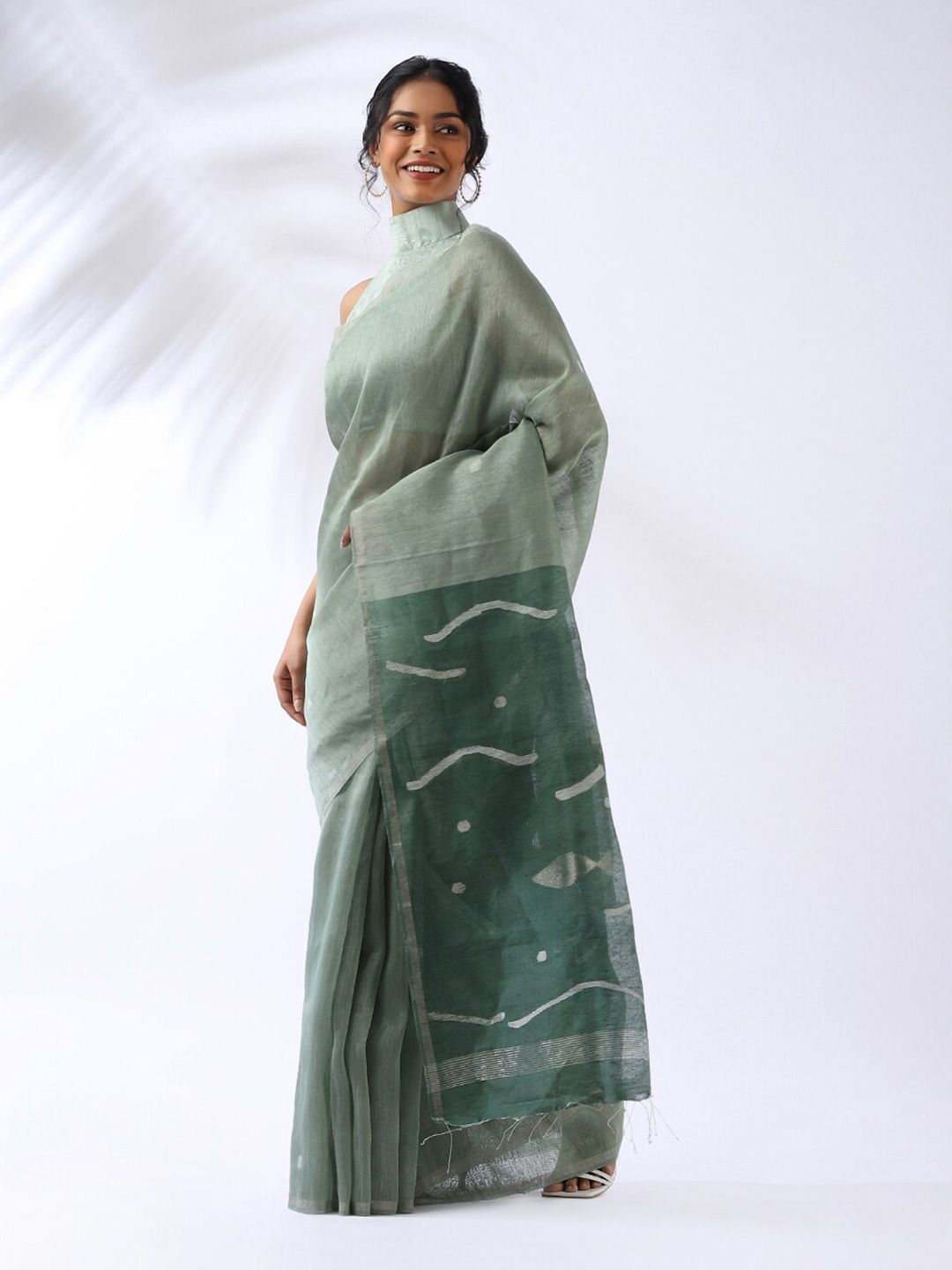 Taneira Green Silk Linen Jamdani Saree Price in India