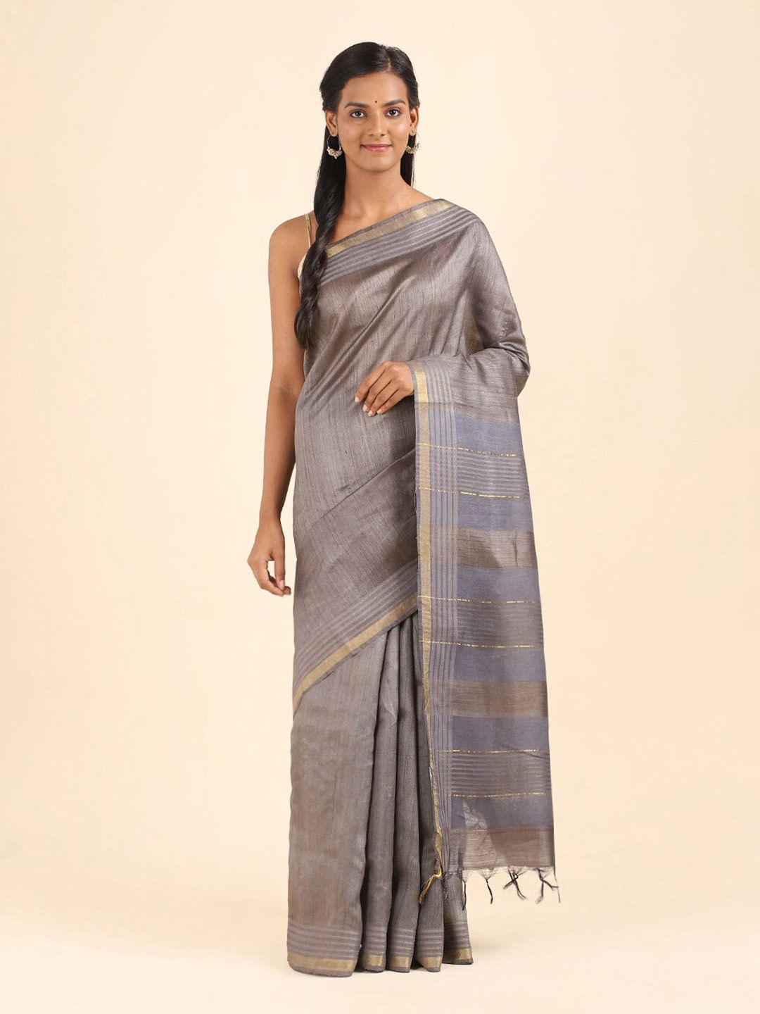 Taneira Grey & Gold-Toned Striped Pure Silk Bhagalpuri Saree Price in India