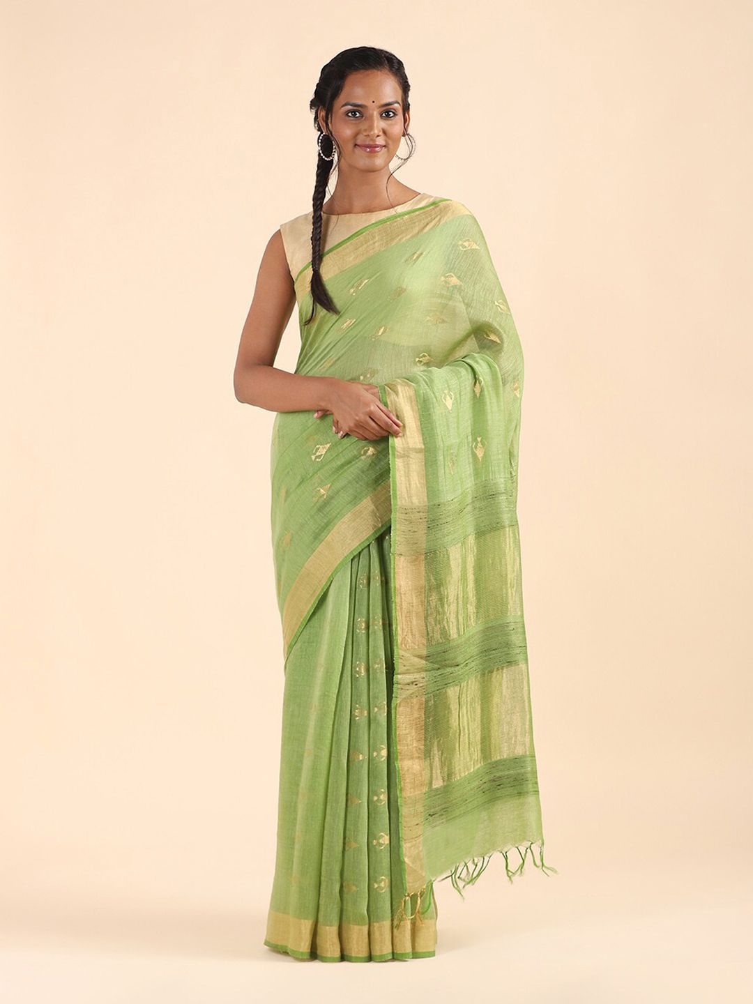 Taneira Green & Gold-Toned Woven Design Pure Linen Saree Price in India