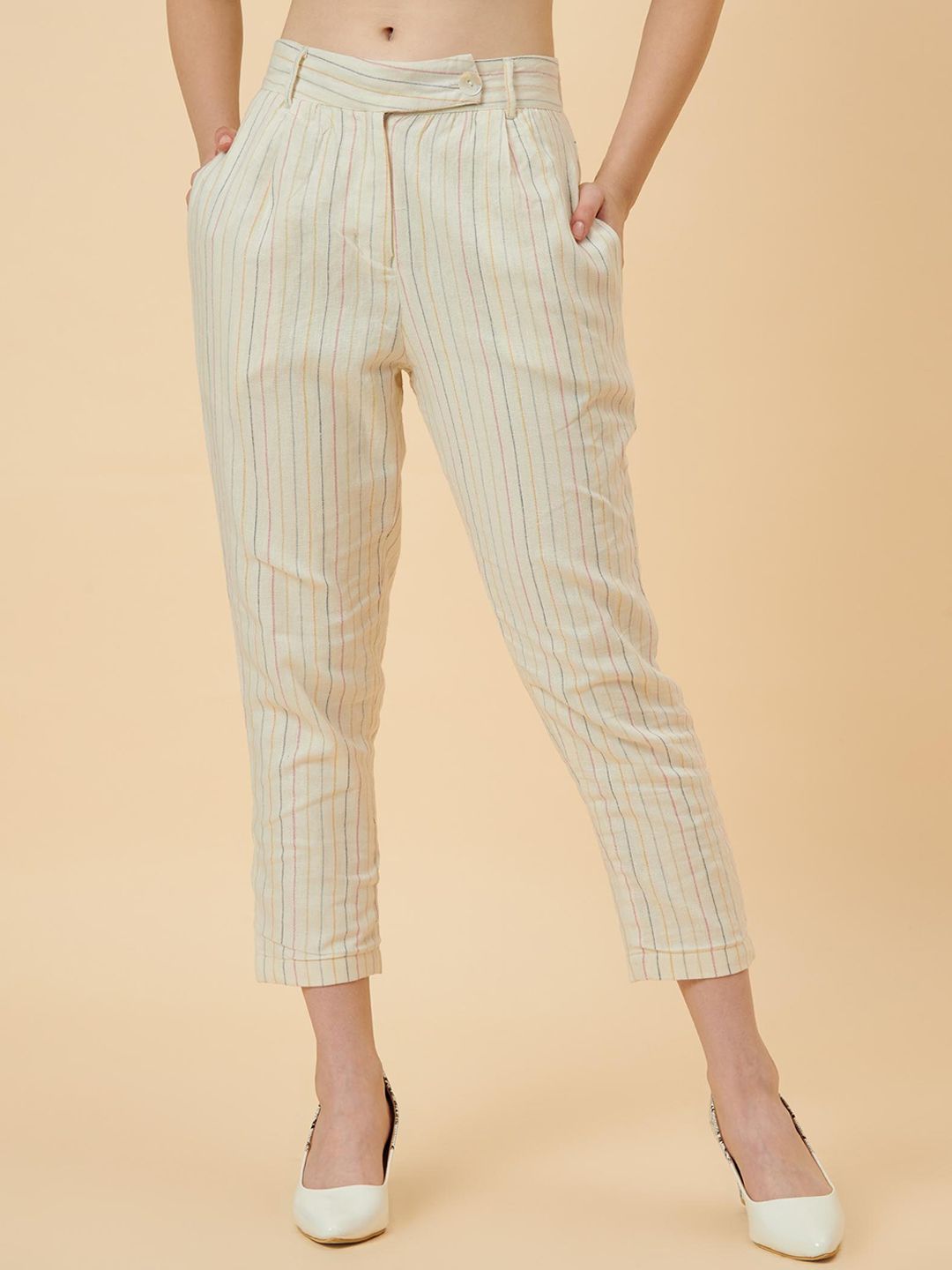 enzeo Women Off White Striped Tailored Tapered Fit High-Rise Pleated Trousers Price in India