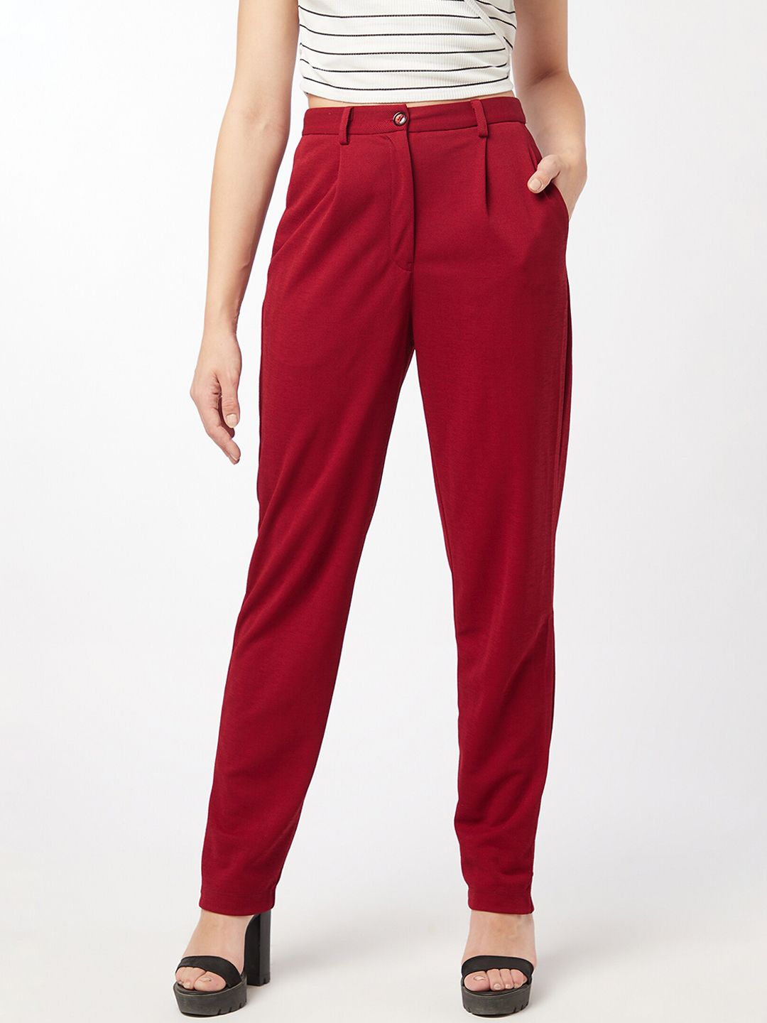 enzeo Women Red Sharp Slim Fit High-Rise Pleated Trousers Price in India