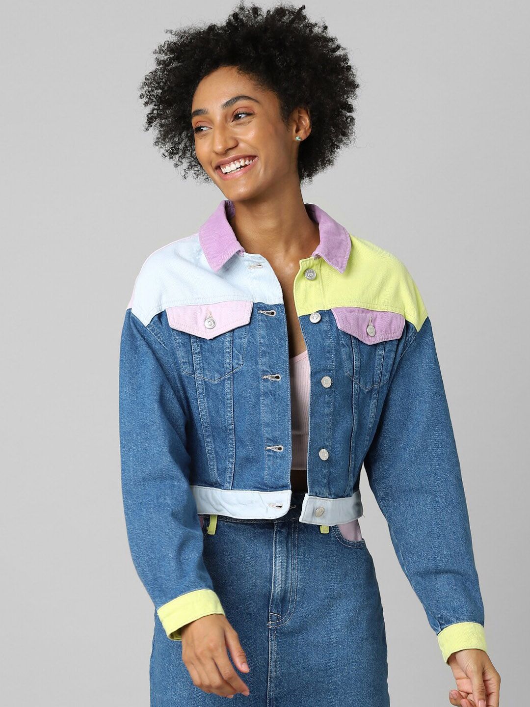 ONLY Women Blue Colourblocked Crop Denim Jacket Price in India