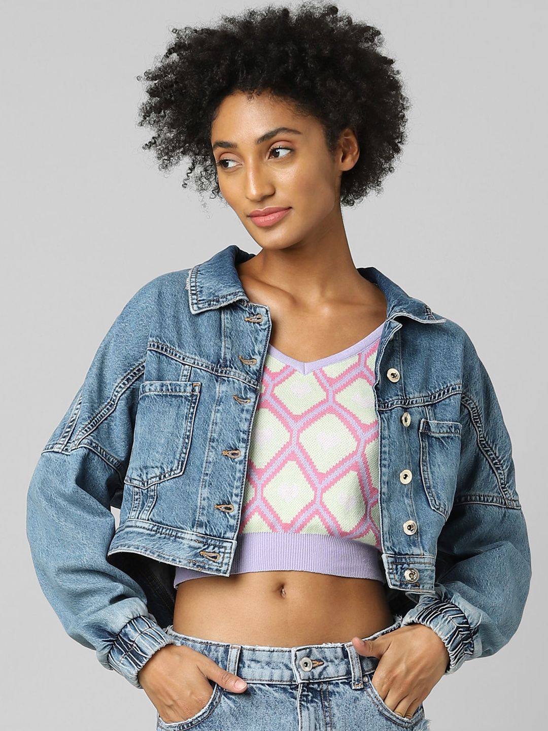 ONLY Women Blue Washed Crop Denim Jacket Price in India