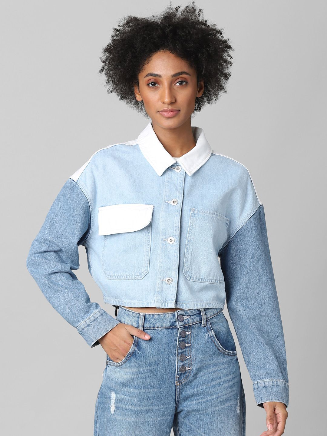 ONLY Women Blue Washed Colourblocked Crop Denim Jacket Price in India