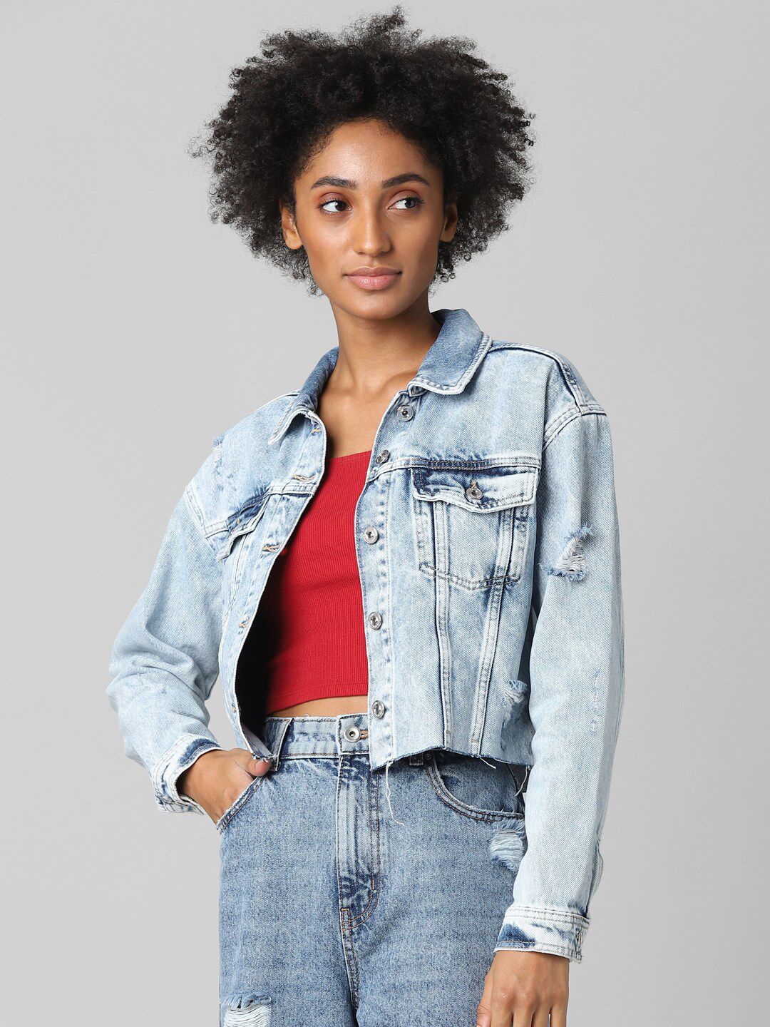 ONLY Women Blue Washed Crop Denim Jacket Price in India