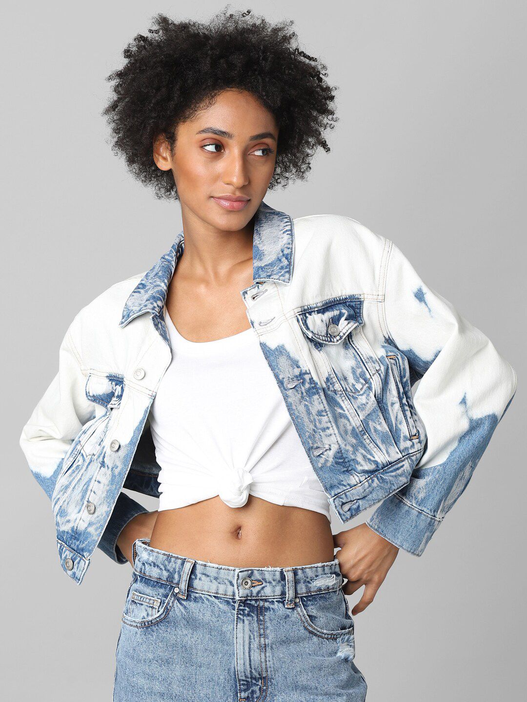 ONLY Women Blue Washed Crop Bomber Jacket Price in India