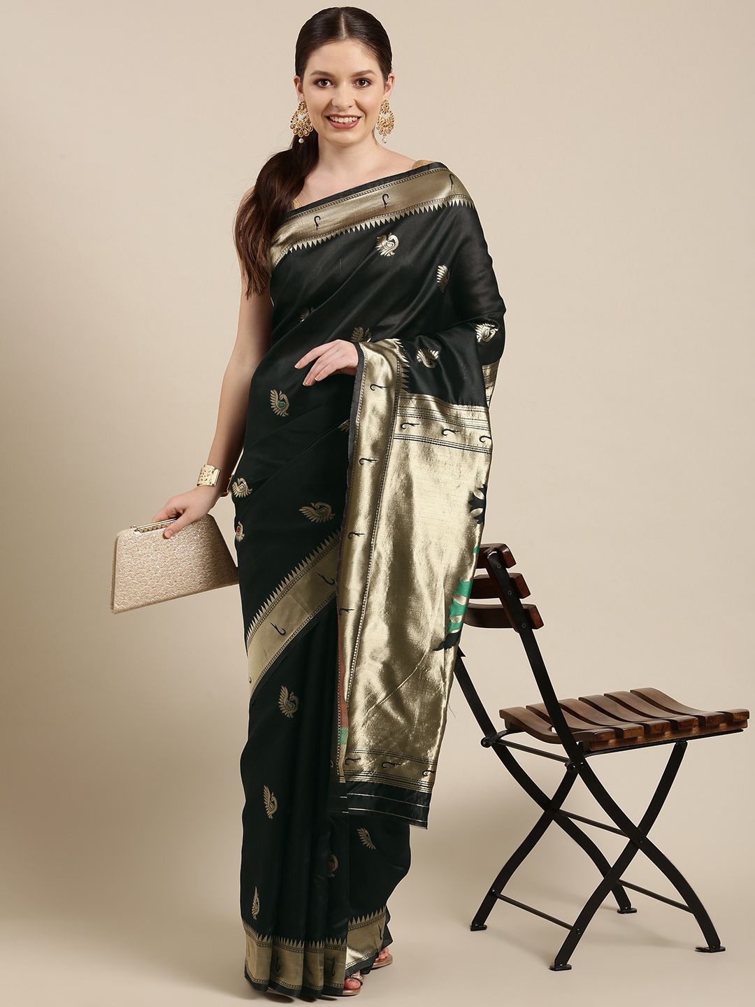 KALINI Black & Gold-Toned Ethnic Motifs Zari Silk Blend Paithani Saree Price in India
