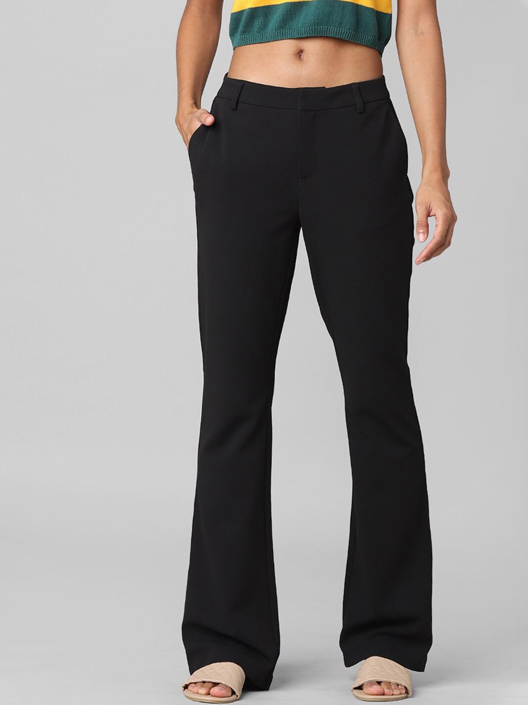 ONLY Women Black Flared High-Rise Bootcut Trousers Price in India