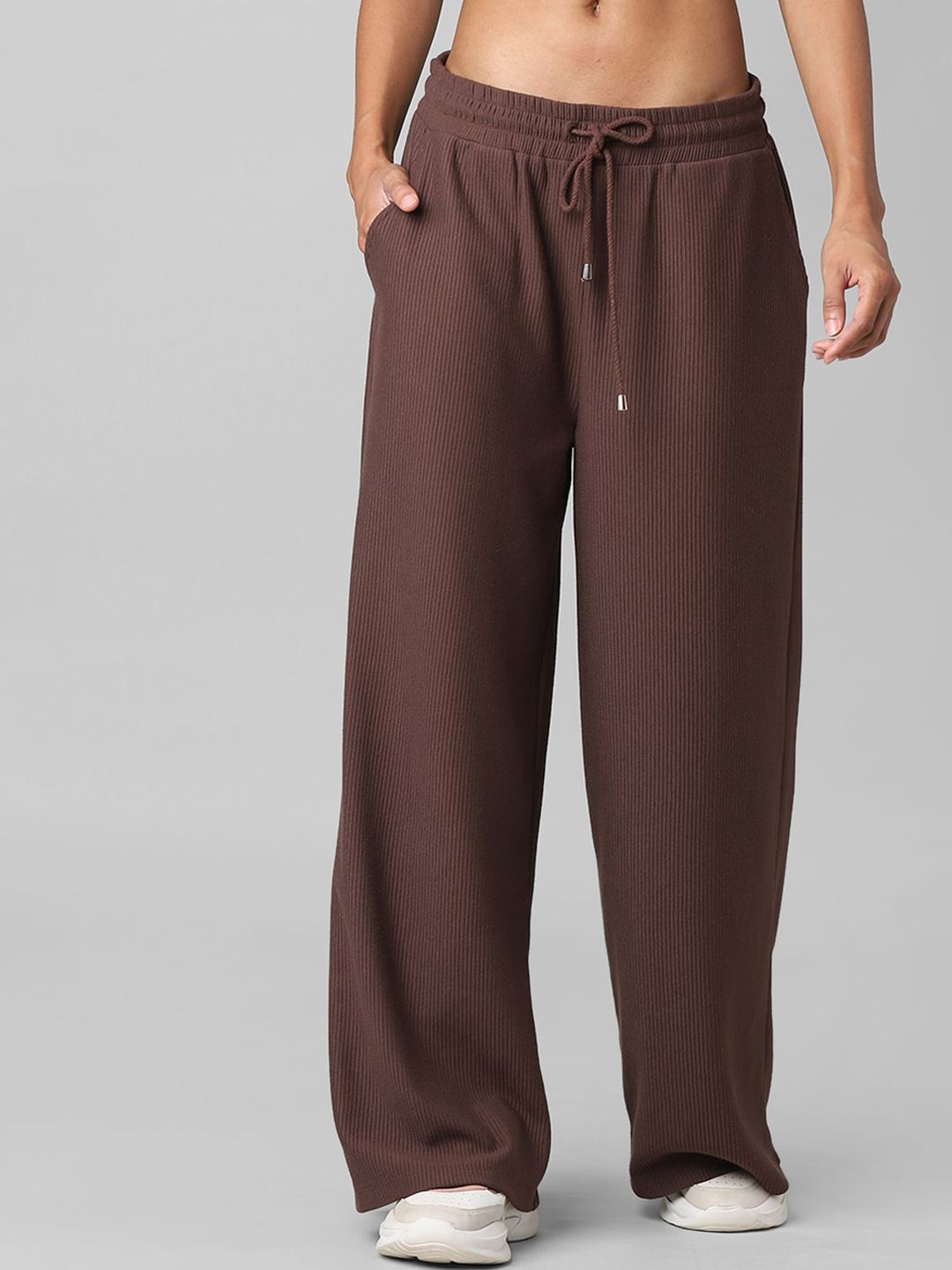 ONLY Women Brown Striped Loose Fit Trousers Price in India