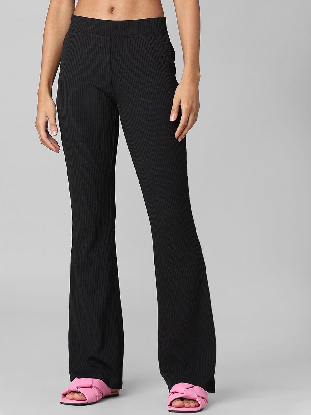 ONLY Women Black Striped Flared High-Rise Trousers Price in India