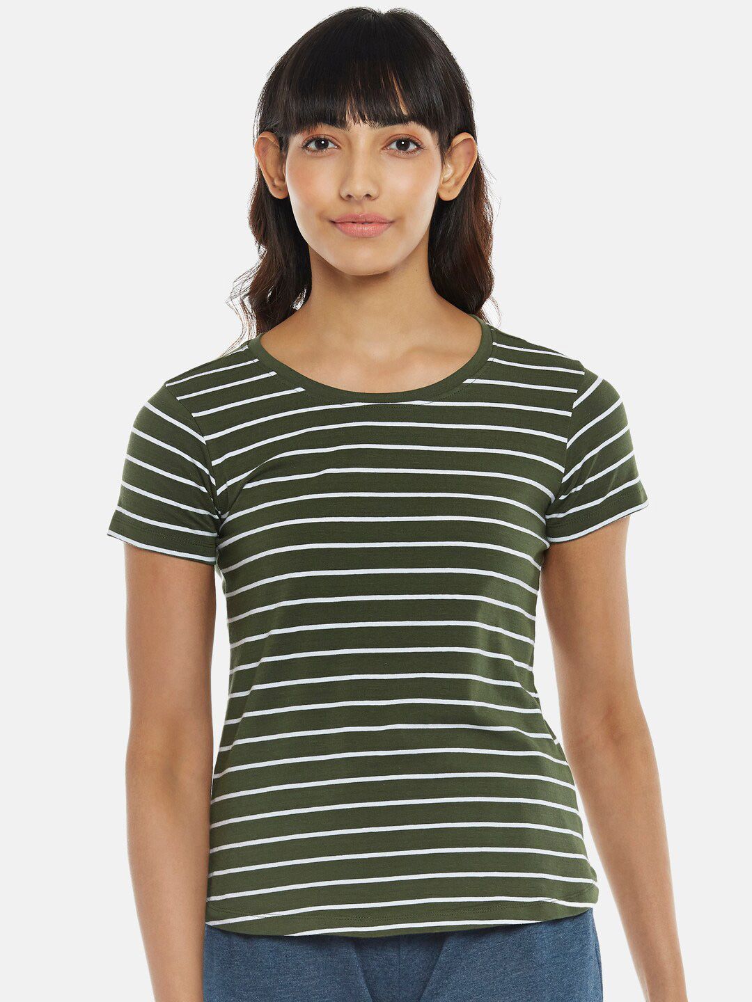 Dreamz by Pantaloons Women Olive Green Striped Pure Cotton Top Price in India