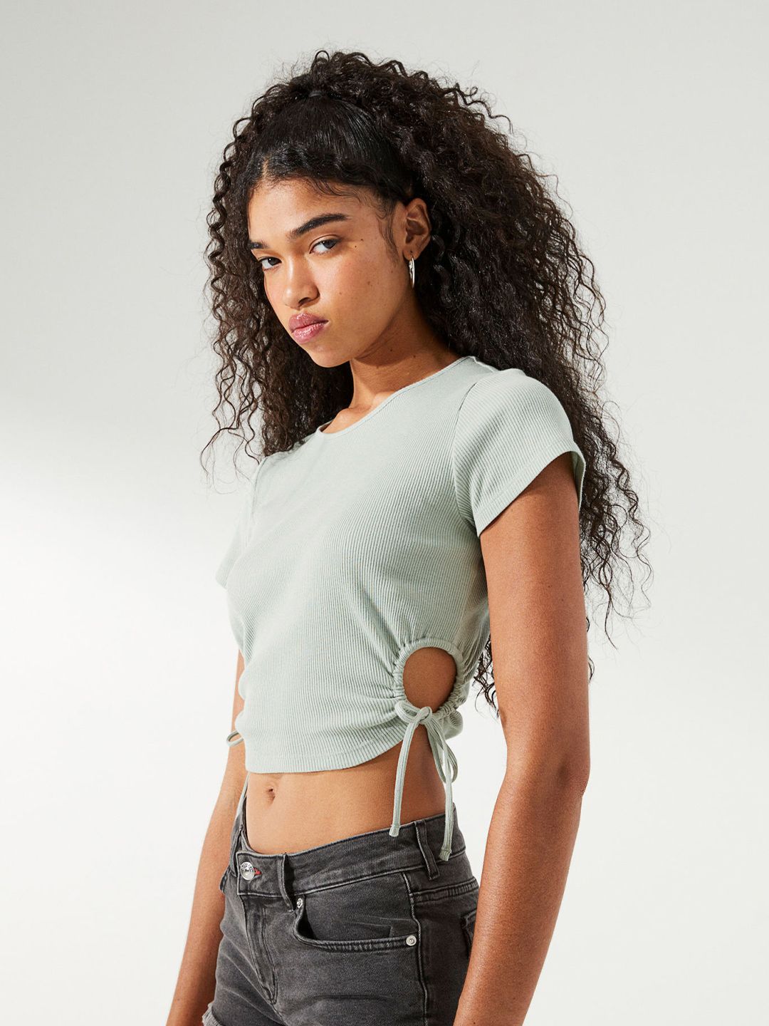 H&M Women Green Ribbed Cut-out Top