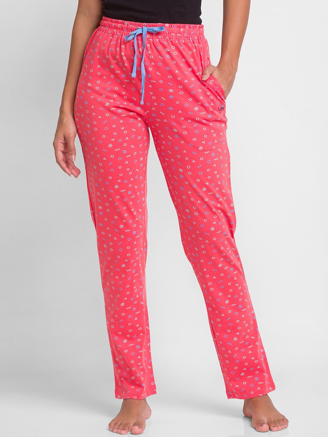 XIN Women Coral-Coloured & Blue Printed Cotton Relaxed-Fit Lounge Pants Price in India
