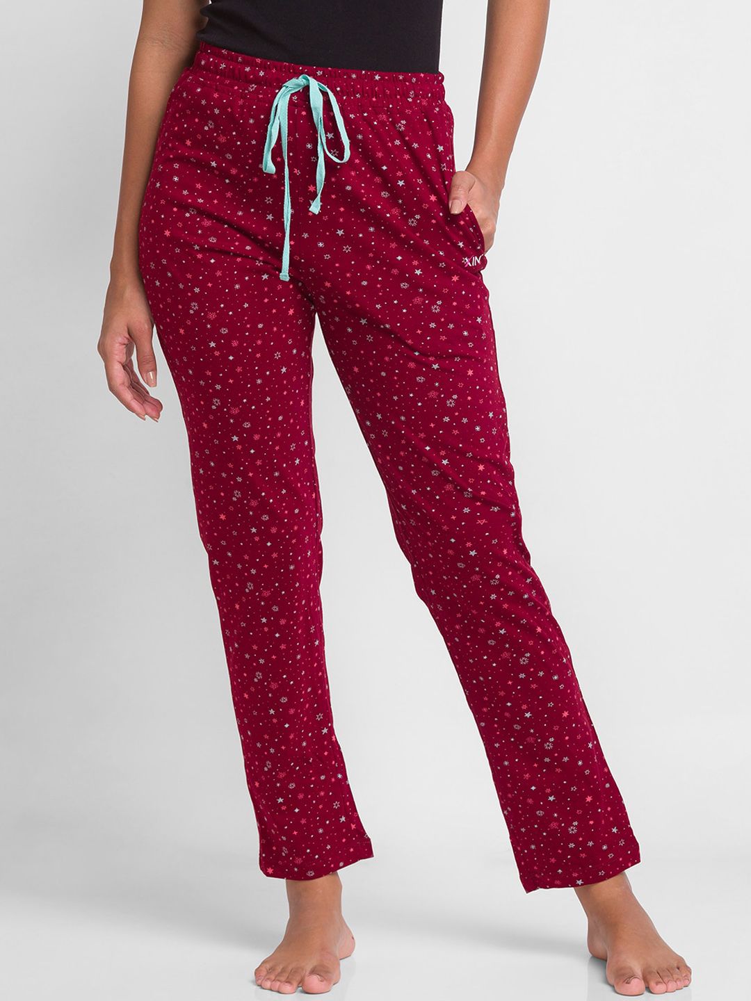 XIN Women Maroon Printed Cotton Lounge Pants Price in India