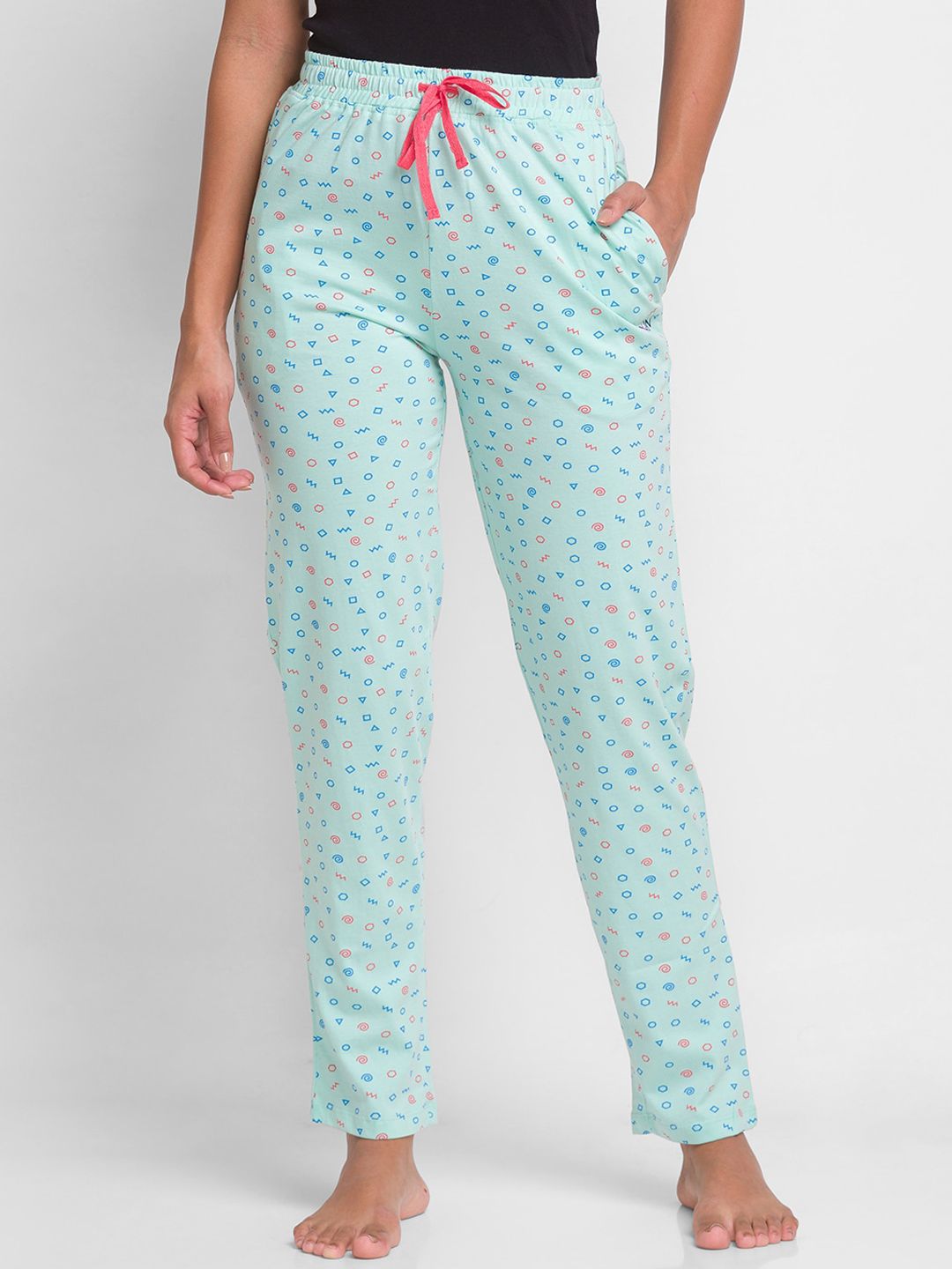 XIN Women Green & Blue Printed Cotton Relaxed-Fit Lounge Pants Price in India