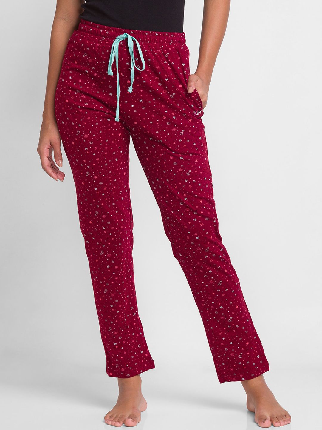 XIN Women's Maroon & Blue Printed Pure Cotton Relaxed Fit Lounge Pants Price in India