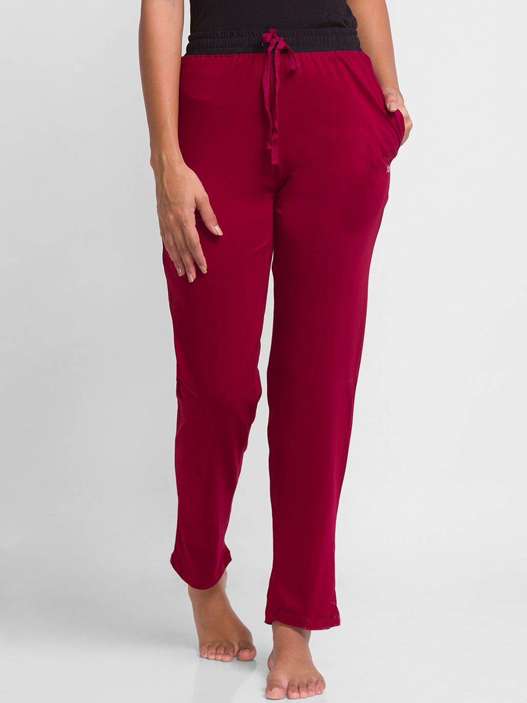 XIN Women Maroon Solid Cotton Relaxed-Fit Lounge Pant Price in India