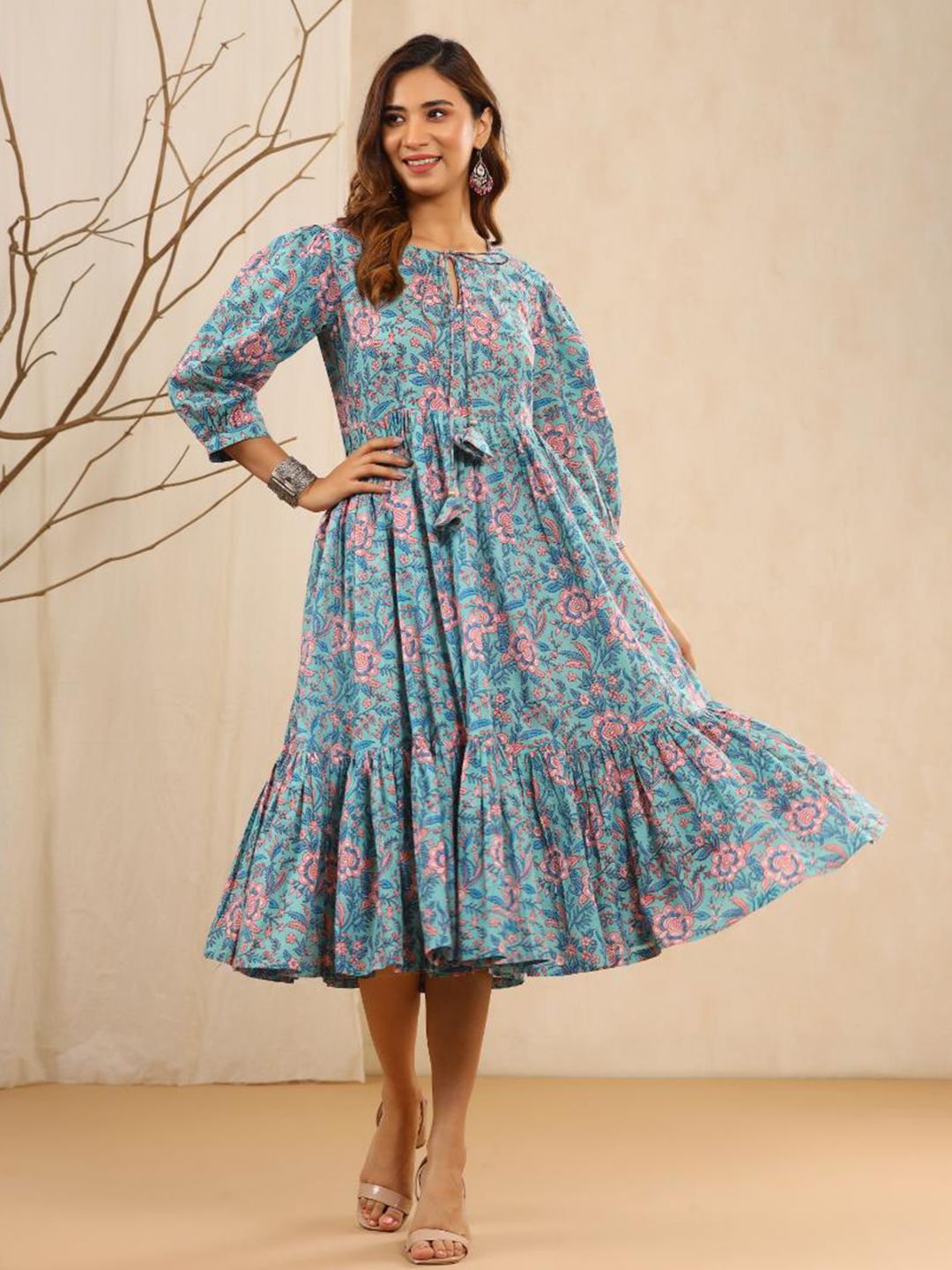 Baisacrafts Women Aqua Blue Floral Print Fit & Flare Midi Dress Price in India