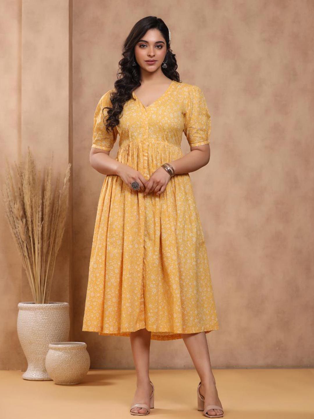 Baisacrafts Women Yellow Floral Print Pleated Midi Dress Price in India