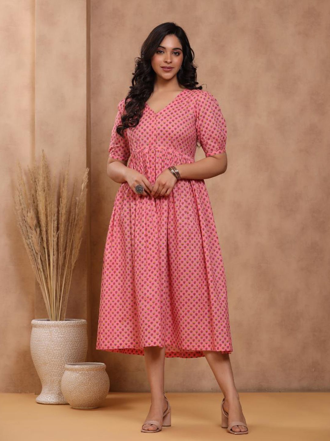 Baisacrafts Pink Ethnic Motifs A-Line Maxi Dress Price in India