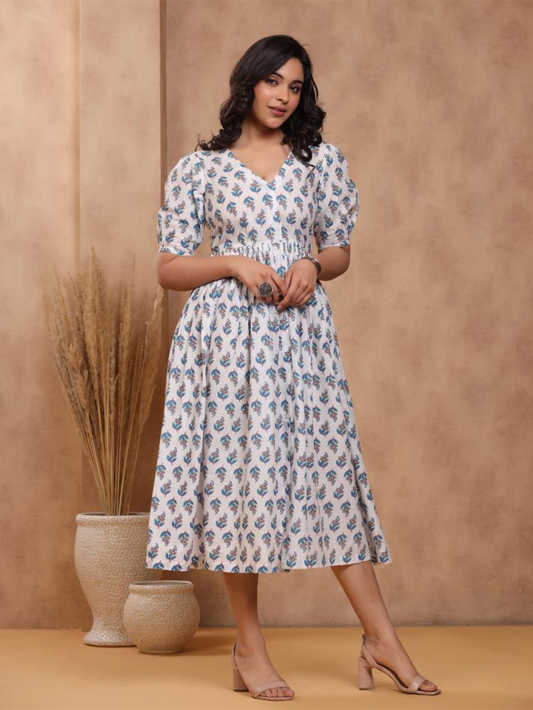 Baisacrafts White & Blue Floral Midi Dress Price in India