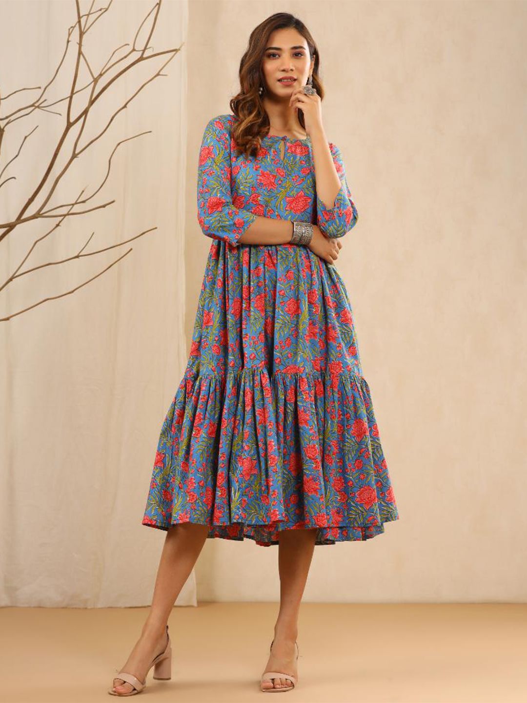 Baisacrafts Blue Floral A-Line Midi Dress Price in India