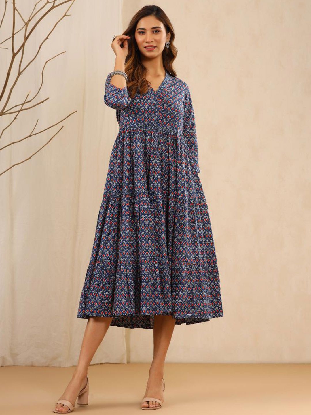 Baisacrafts Blue Ethnic Motifs A-Line Midi Dress Price in India