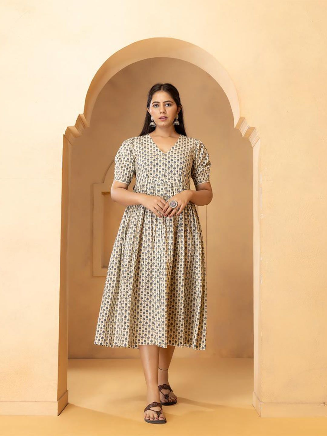 Baisacrafts Women Beige Hand Block Print A Line Midi Dress Price in India