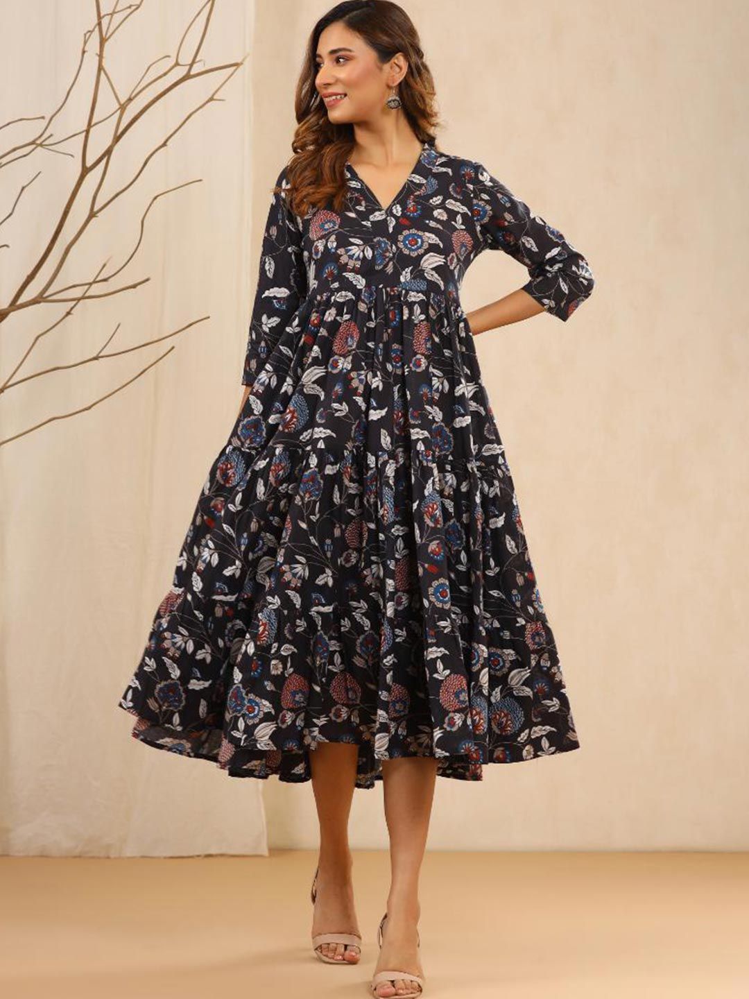 Baisacrafts Women Black Floral Print A-Line Midi Dress Price in India