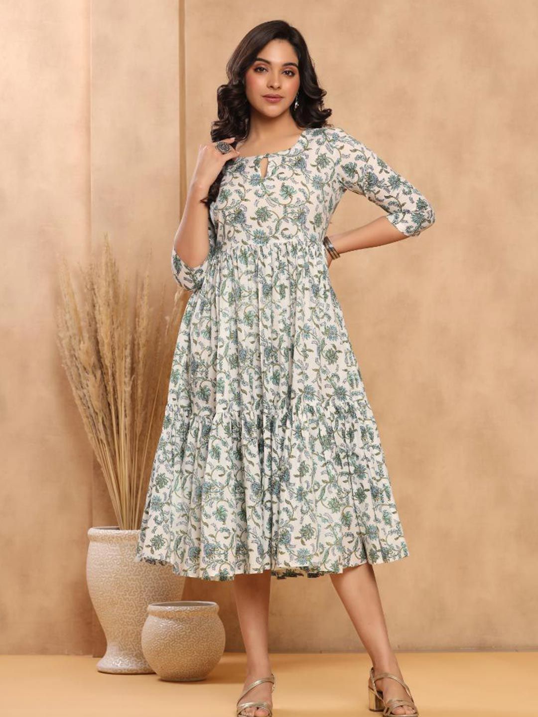 Baisacrafts White Floral A-Line Midi Dress Price in India