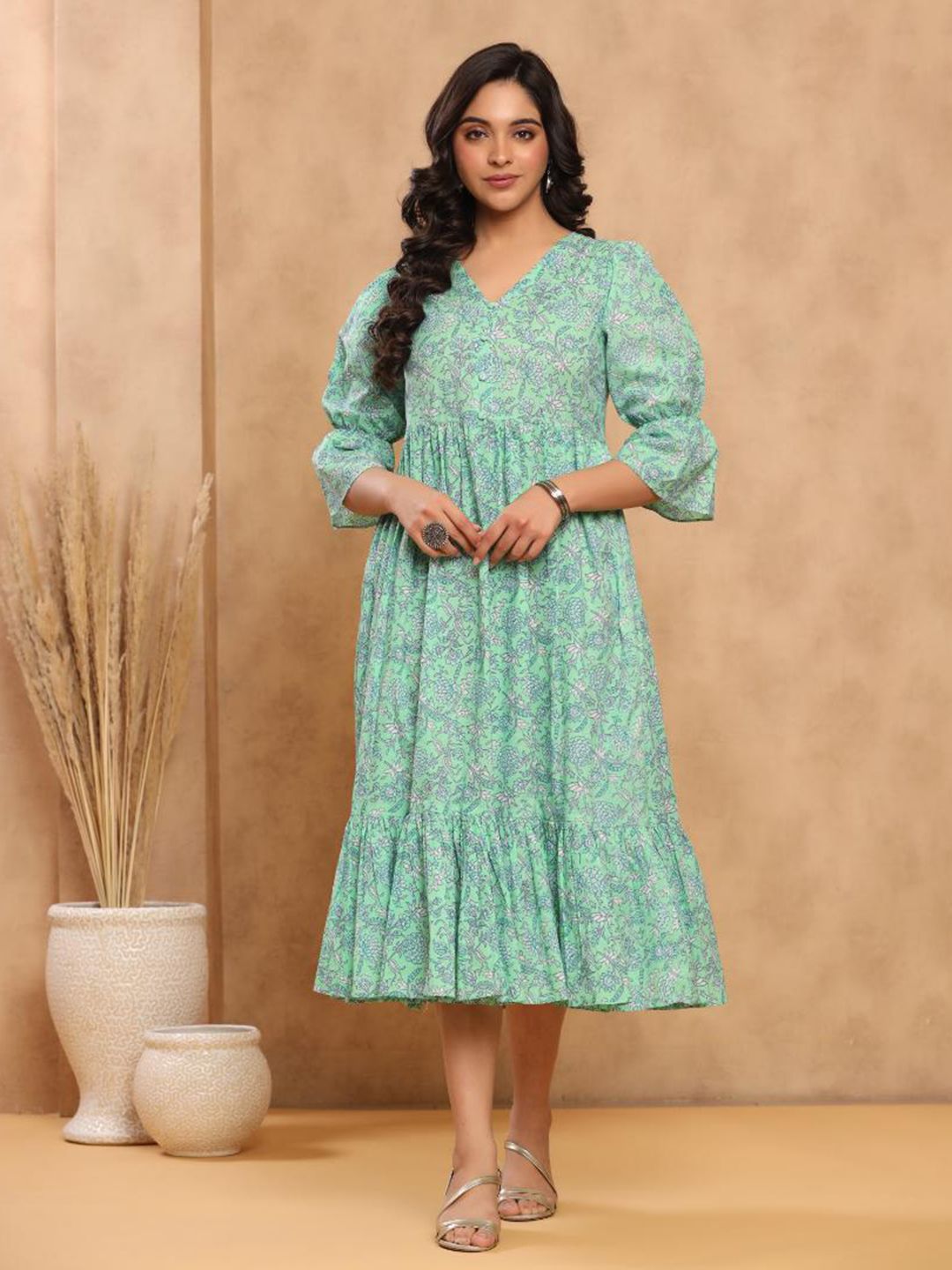 Baisacrafts Sea Green Floral A-Line Midi Dress Price in India