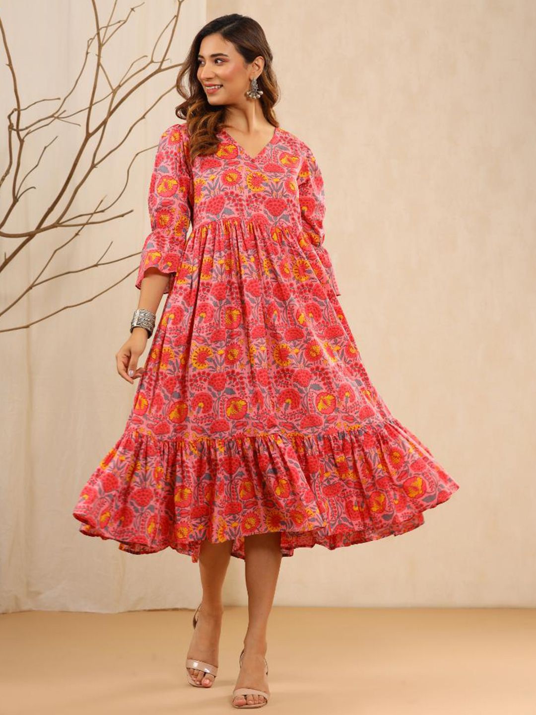 Baisacrafts Pink Floral Printed Tiered Midi Dress Price in India