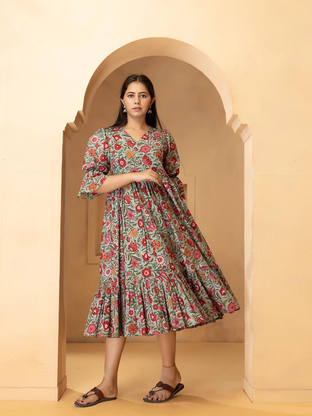 Baisacrafts Green Floral A-Line Midi Dress Price in India