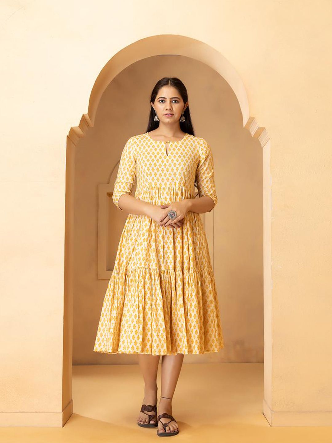 Baisacrafts Yellow Ethnic Motifs Midi Dress Price in India