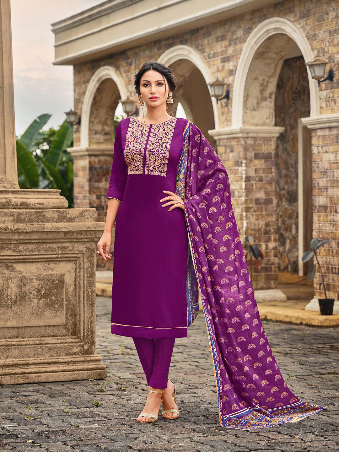 mf Purple & Gold-Toned Embroidered Unstitched Dress Material Price in India