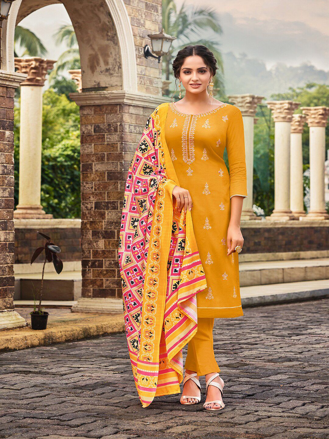 mf Mustard & White Embroidered Unstitched Dress Material Price in India