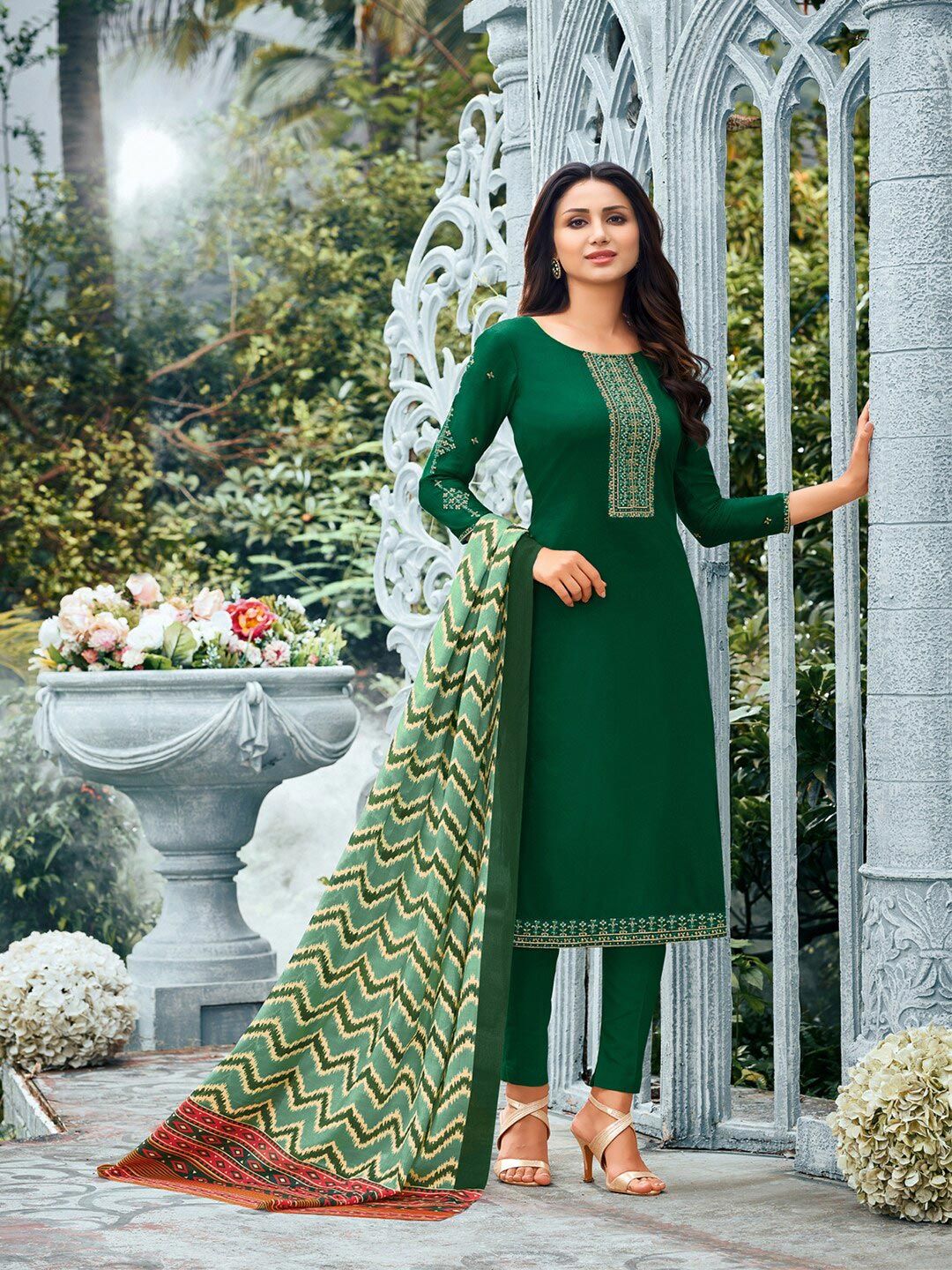 mf Green & Cream-Coloured Embroidered Unstitched Dress Material Price in India