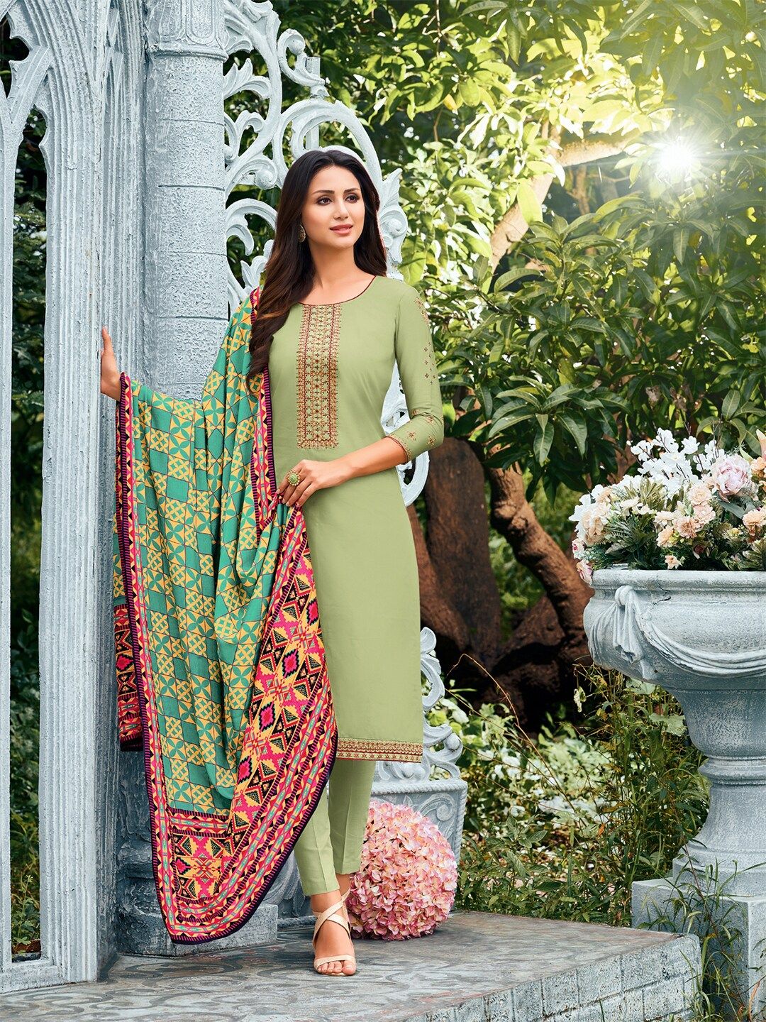 Mf Women Green & Pink Embroidered Unstitched Dress Material With Digital Printed Dupatta Price in India